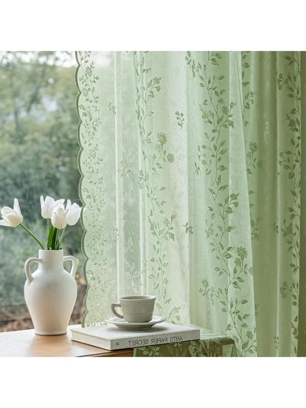 Sage Green Sheer Lace Curtains, Victorian Floral Design, 84